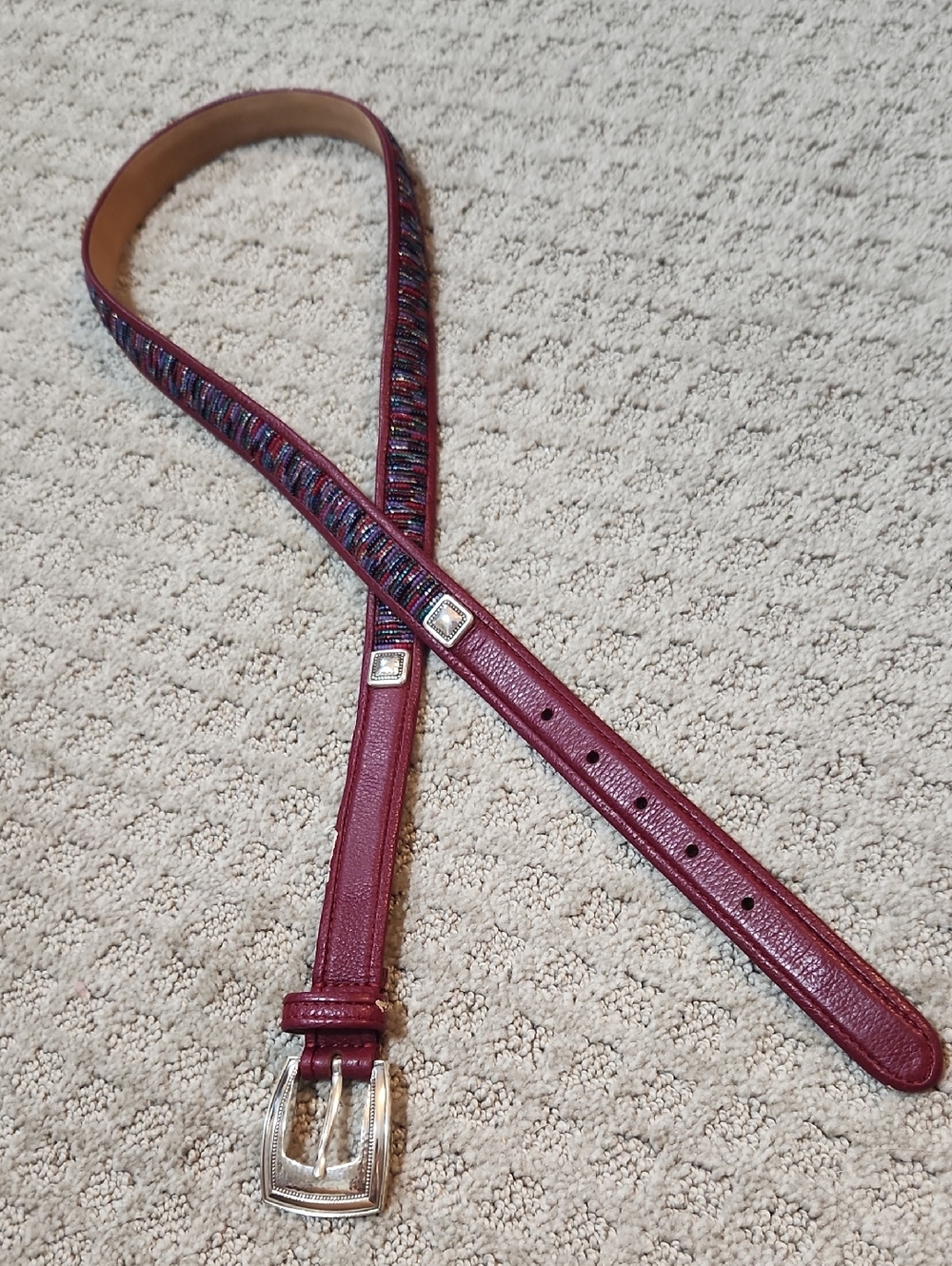 Brighton Women’s Burgundy Leather Belt With Beading & Silver Accents & Buckle XL
